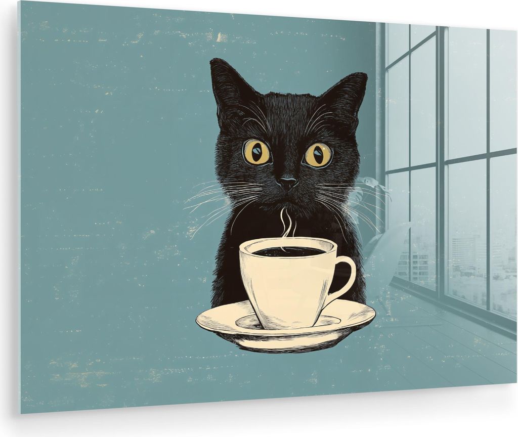 MuchoWow Glasbilder - Bilder auf Wandbild - Foto auf Glas Katze - Schwarz - Kaffee - Minimalistisch 90x60 cm Wanddekoration aus Glas - Acrylglasbil...
