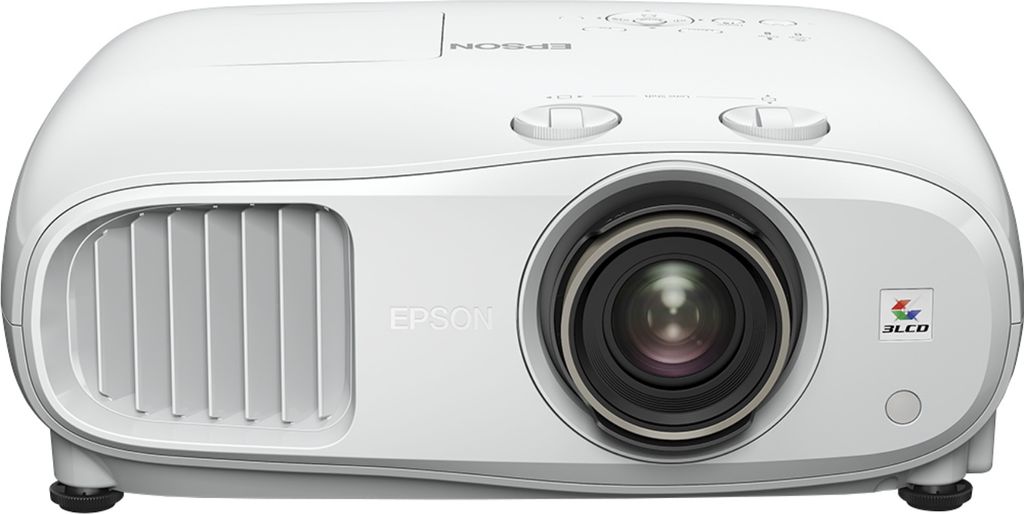 A front view of a white Epson projector.