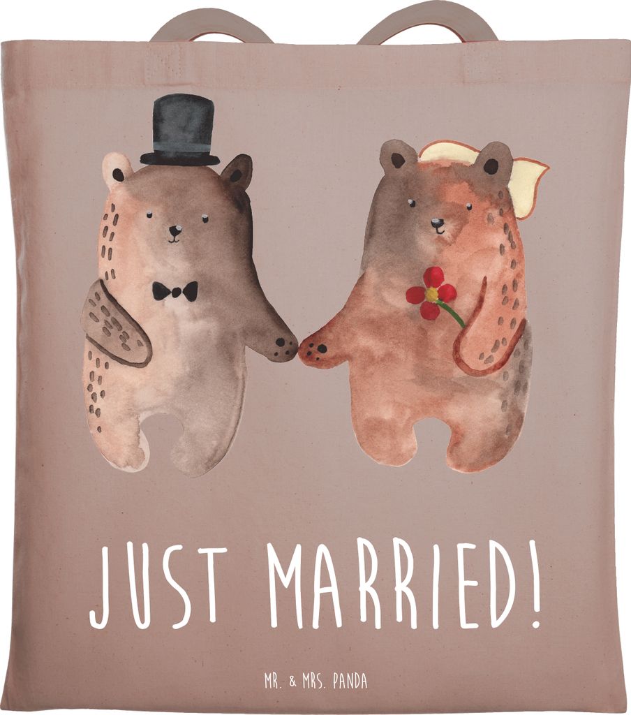 Mr. & Mrs. Panda Jutebeutel Bär Heirat - Braun Pastell - Geschenk, Tasche, Schultasche, Teddy, Shopping, Stoffbeutel, Tote Bag, dokumententasche