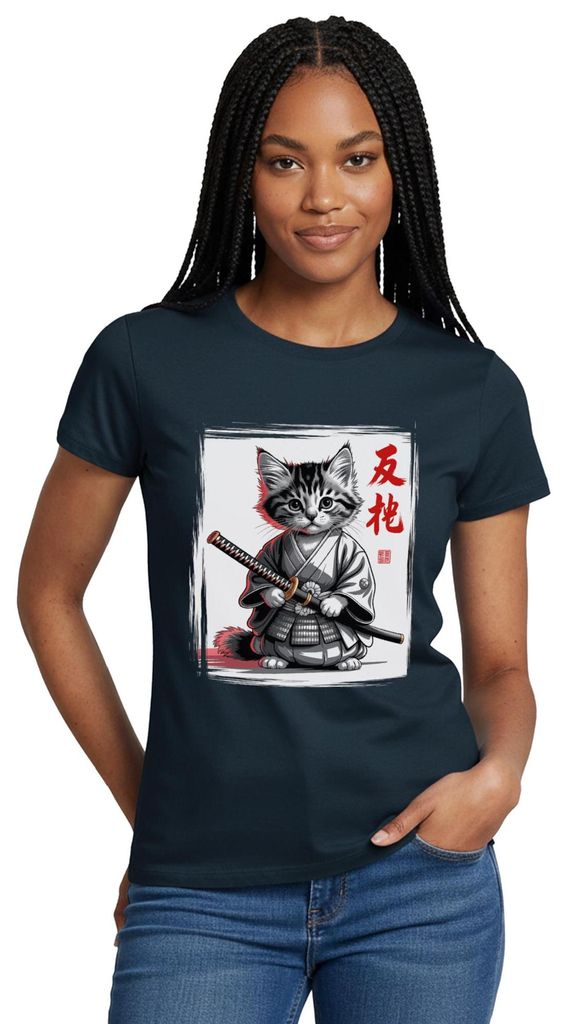 Spreadshirt Samurai Katze | Katze Im Japan-Look Frauen T-Shirt, L, Navy