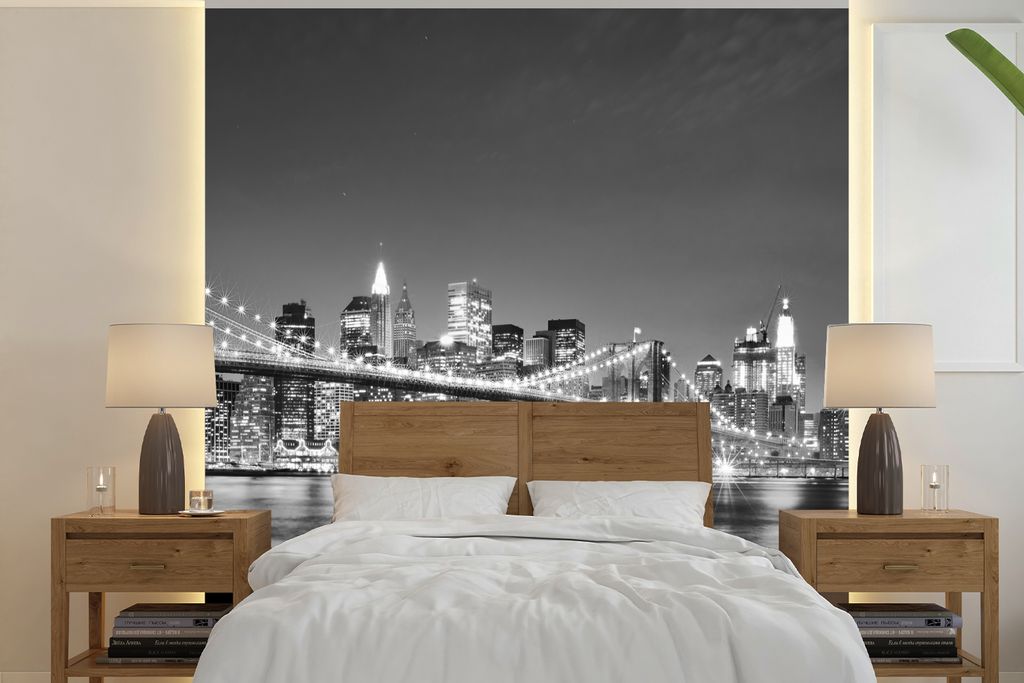 MuchoWow Fototapete für Wohnzimmer oder Schlafzimmer Wandtapete Vinyl Motivtapete New York - Brücke - Brooklyn - Schwarz und weiß - Architektu...