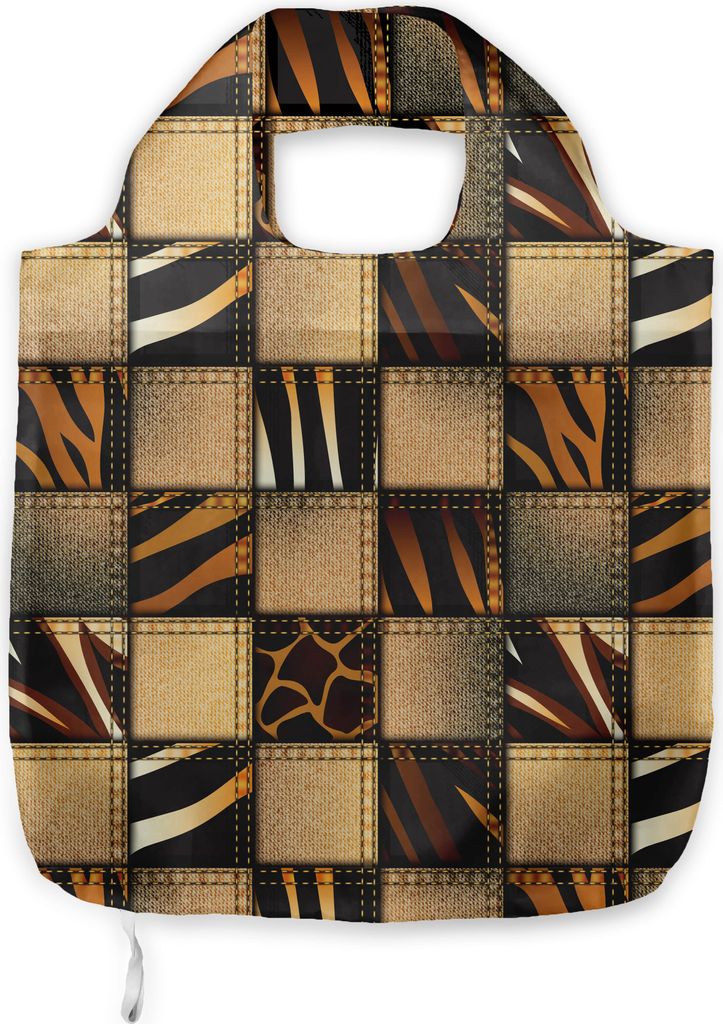 ABAKUHAUS Safari Tragetasche aus Stoff, Jeans-Denim-Patchwork, Praktische Altagsmode Einkaufstaschen, Braun und Schwarz