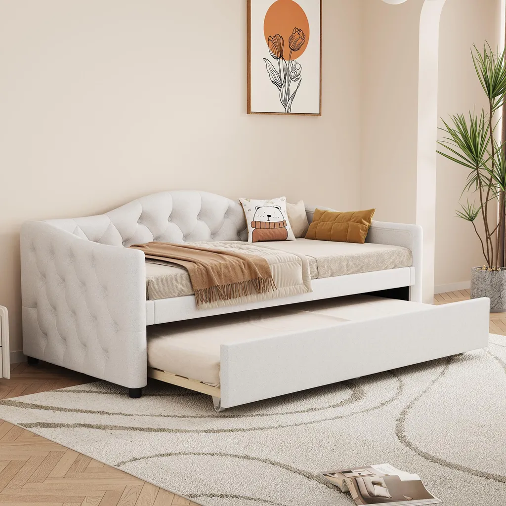 Canapé-lit gigogne 90x200 en lin beige idéal pour chambre d'amis chic