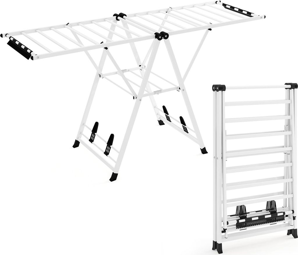 COSTWAY Wäscheständer klappbar mit verstellbaren Flügeln, Sockenklammern & Schuhablage, Wäschetrockner ausziehbar, Trockenständer, Weiß,184cm