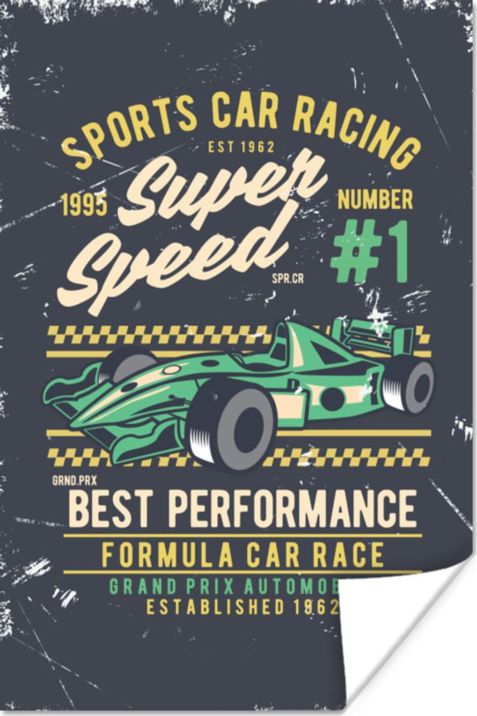 MuchoWow Poster Auto - Rennen - Retro - Zeichnung 20x30 cm - Papierdruck