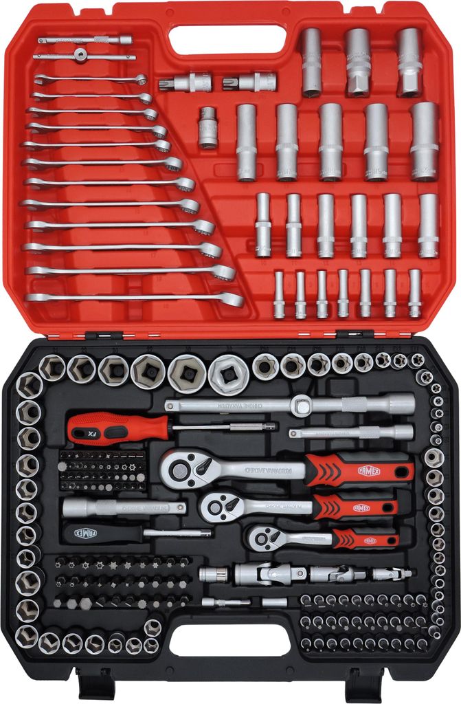 FAMEX 555-50 Steckschlüsselsatz 219-tlg, 1/4" und 1/2" CR-V Ratschenkasten, mit Bits, Verlängerungen und Adaptern, Werkzeug Set für Auto