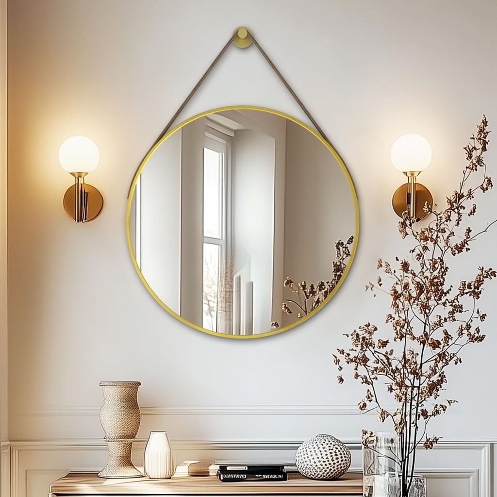 ARTLOGE Runder Badezimmerspiegel aus Aluminium Hängespiegel Wandspiegel Ø 60cm mit Lederschling Rostfrei Gold Dekospiegel Schminkspiegel