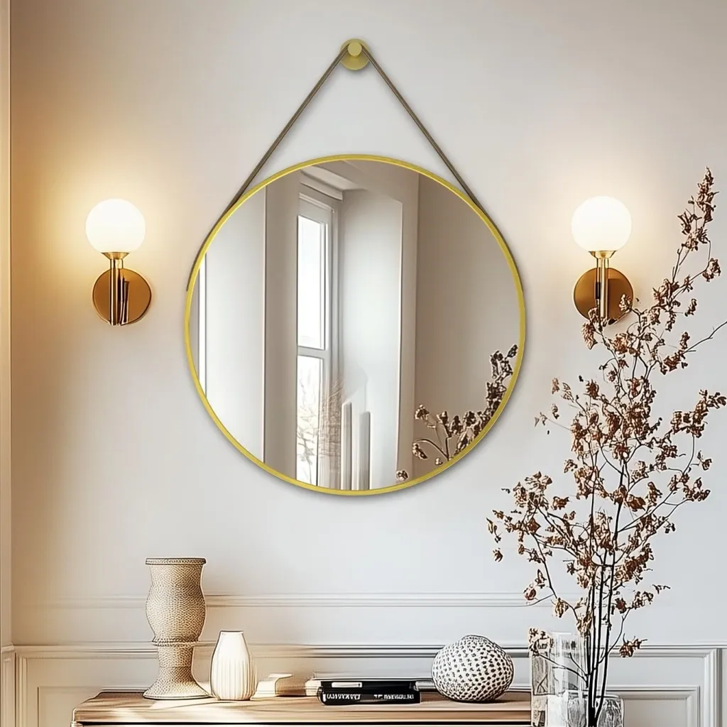 Miroir Mural Rond avec Boucle en Cuir Or pour Décoration de Chambre