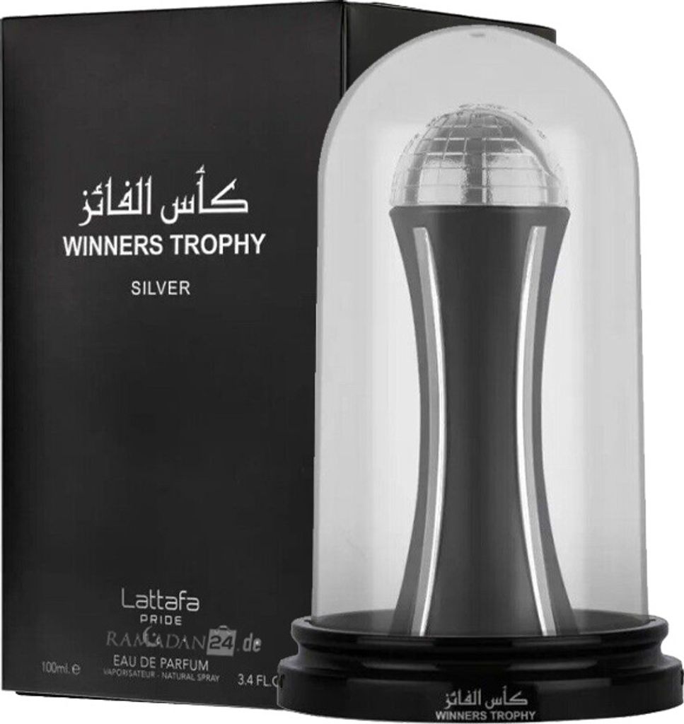 A perfume bottle shaped like a trophy, presented in its packaging.