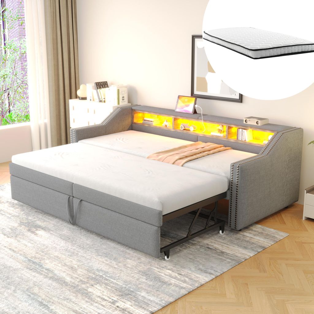 MODFU Ausziehbares Schlafsofa Tagesbett 90/180x200, Polsterbett Daybett Kinderbett mit Multifunktionales Staufach, LED-Licht und USB-Buchse, hellgr...