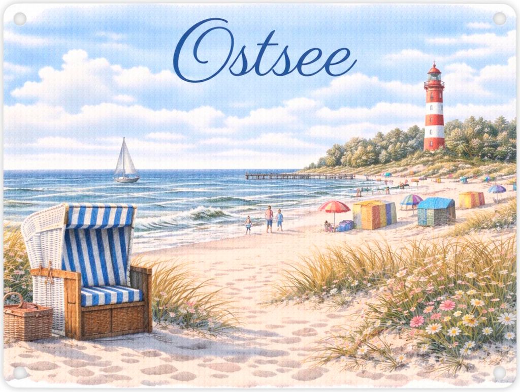 Strandszene Ostsee Metallschild in 15x20 cm mit Leuchtturm und Strandkorb