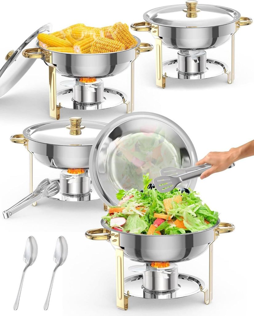 4er Set Speisenwärmer, 5L runde Edelstahl-Chafing-Dishes und Warmhaltebehälter, mit Deckel,Deckelhalter,Löffel,Pinzette für Catering,Partys,Abe...
