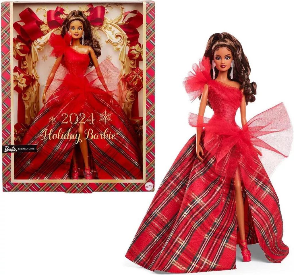 A Barbie doll in a red dress, shown both in its packaging and outside of it.