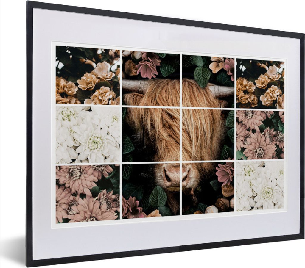 MuchoWow MuchoWow Gerahmtes Poster Collage - Schottisches Hochlandrind - Blumen 40x30 cm - Poster mit zchwarzem Bilderrahmen - Bilderrahmen - P...