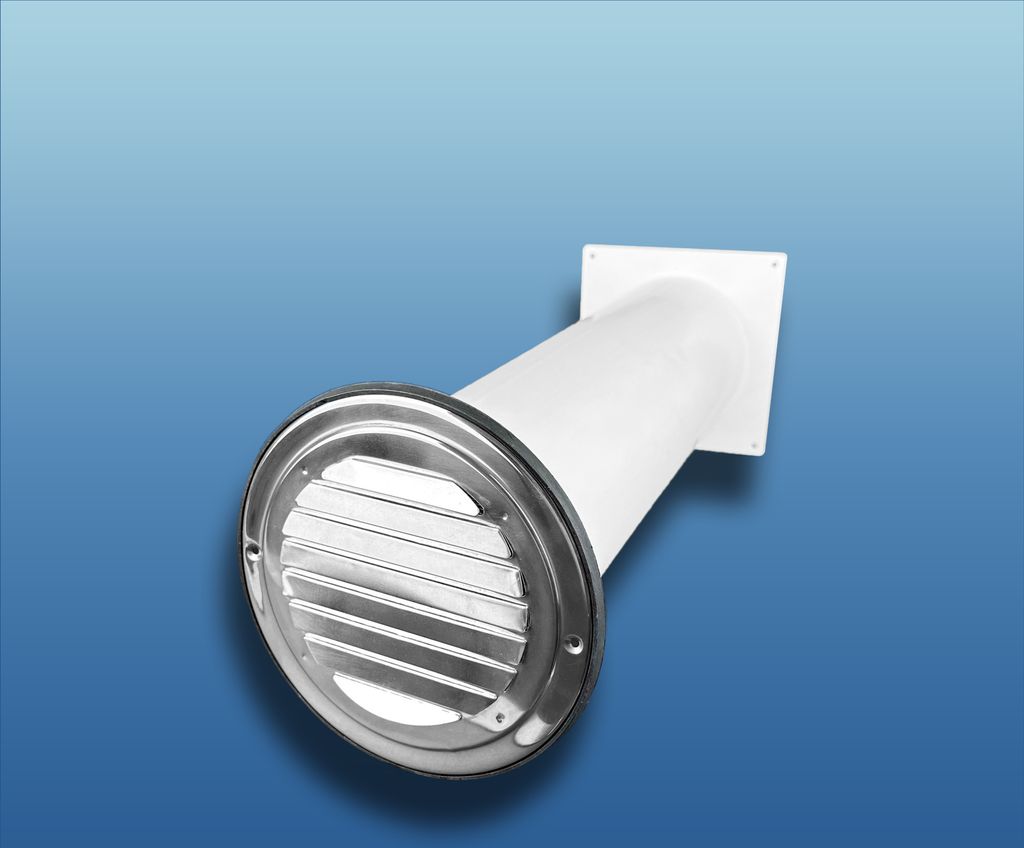Abluft-Mauerkasten mit Edelstahl Lüftungsgitter rund : Ø 125 mit Rundrohr System: Ø 125 Ausführung: mit Rundrohr