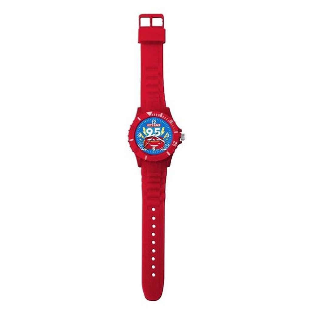 A red digital watch with a blue face featuring a cartoon car character and the number '95'.