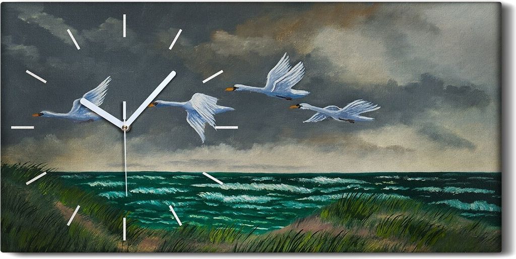 Dekor Leinwand Uhr Wandbild 60x30 Gemälde Meer Himmel Wolken Tier Vögel Schwäne - weiße Hände