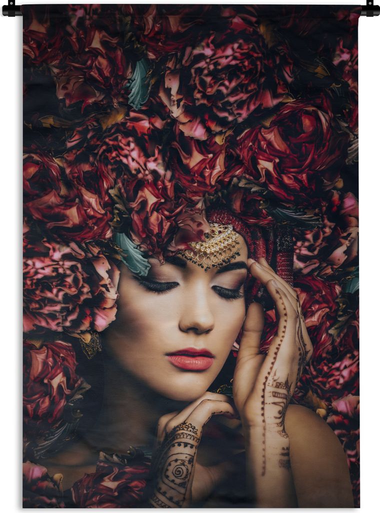 MuchoWow Wandteppich Wandbehang Frau - Blumen - Henna - Porträt 90x135 cm Tapisserie Dekoration Wandtuch - Baumwolle - Wandskulptur