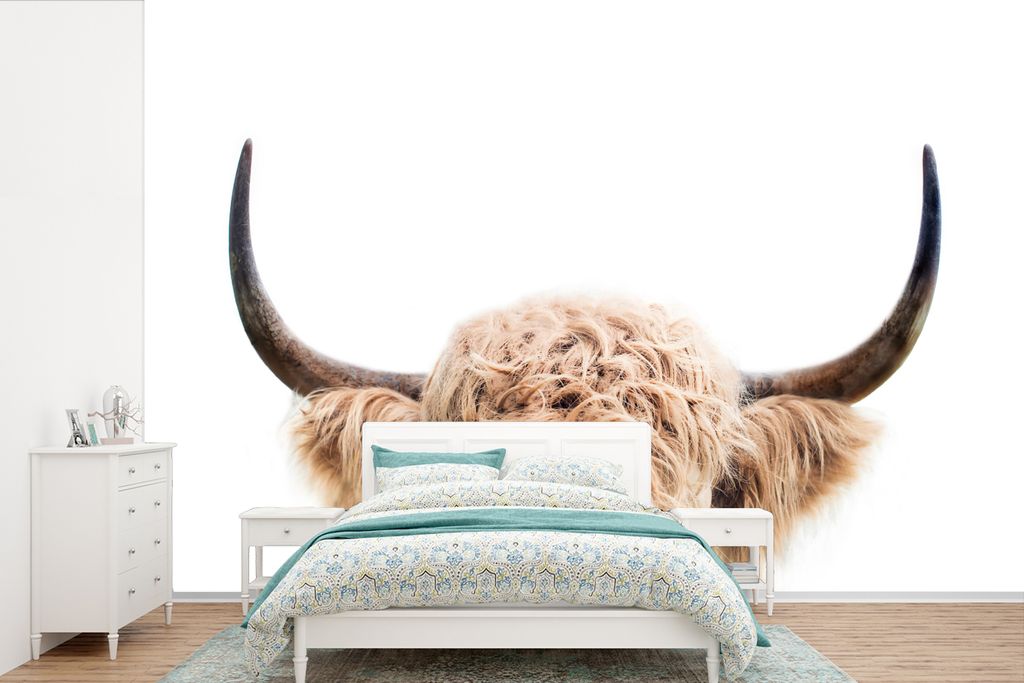 MuchoWow Fototapete für Wohnzimmer oder Schlafzimmer Wandtapete Vinyl Motivtapete Kuh - Hörner - Tiere - Natur - 360x240 cm - Vinyl-Tapete
