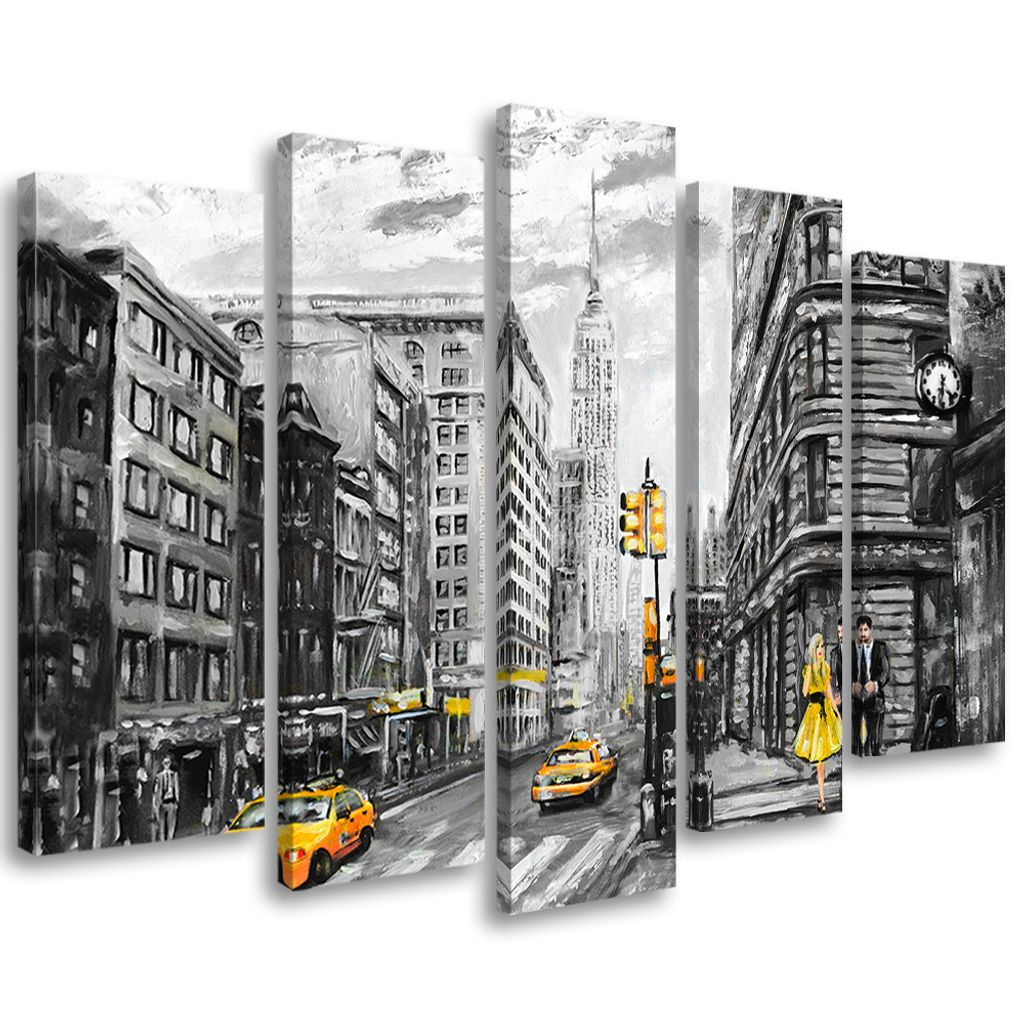 5-teiliges leinwandbild new york taxi usa acryl 200x100 cm Feeby gelb wandbild bereit zum aufhängen