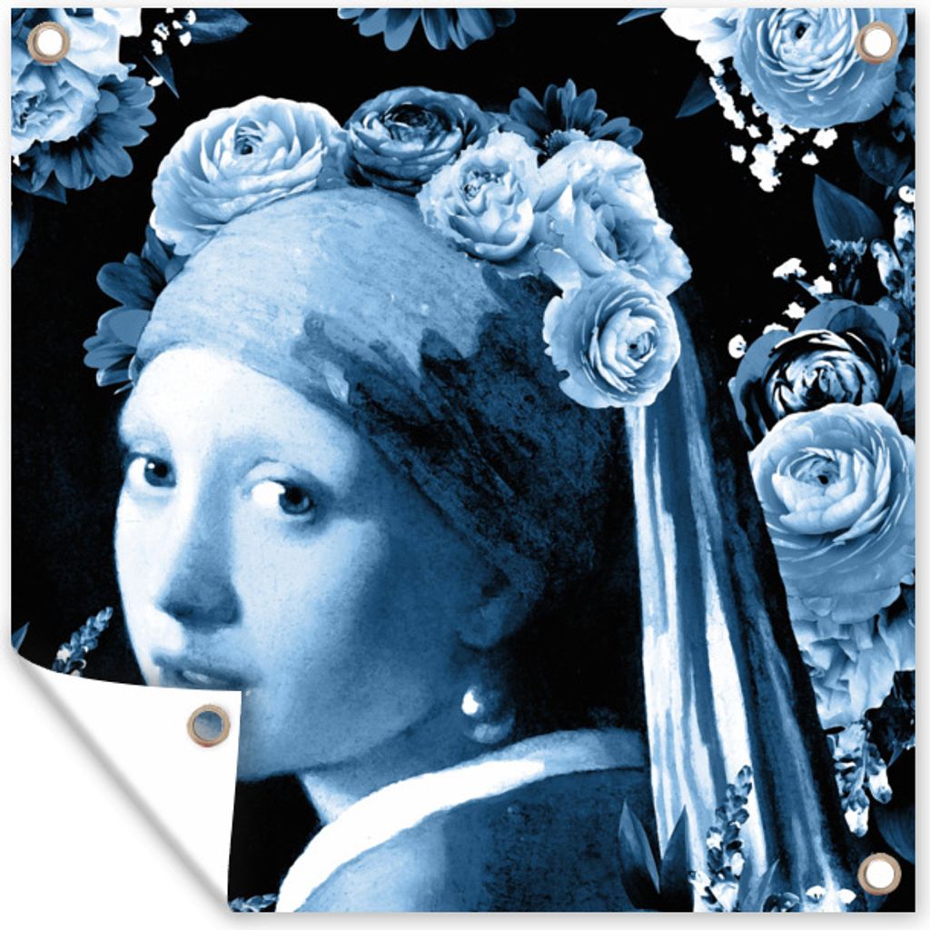 MuchoWow 50x50 cm Outdoor-Poster Gartendeko Sichtschutz Garten Poster für den Garten Mädchen mit einem Perlenohrring - Rosen - Blau