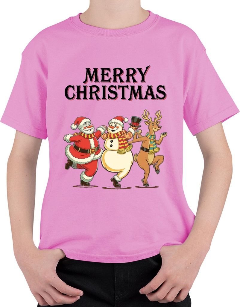 MERRY CHRISTMAS Weihnachtsmann Schneemann Rentier tanzend Vintage Uni Kinder T-Shirt, Pink, 104