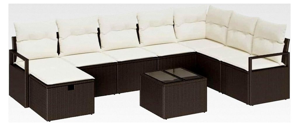 9-teiliges Garten-Sofa-Set mit Kissen aus braunem Poly-Rattan für den Außenbereich
