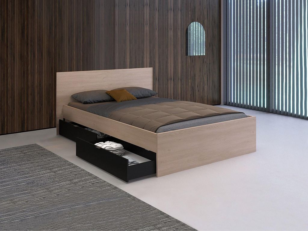 Bett mit 2 Schubladen 140 x 200 cm - Farben: natur und schwarz + Rahmen - VELONA