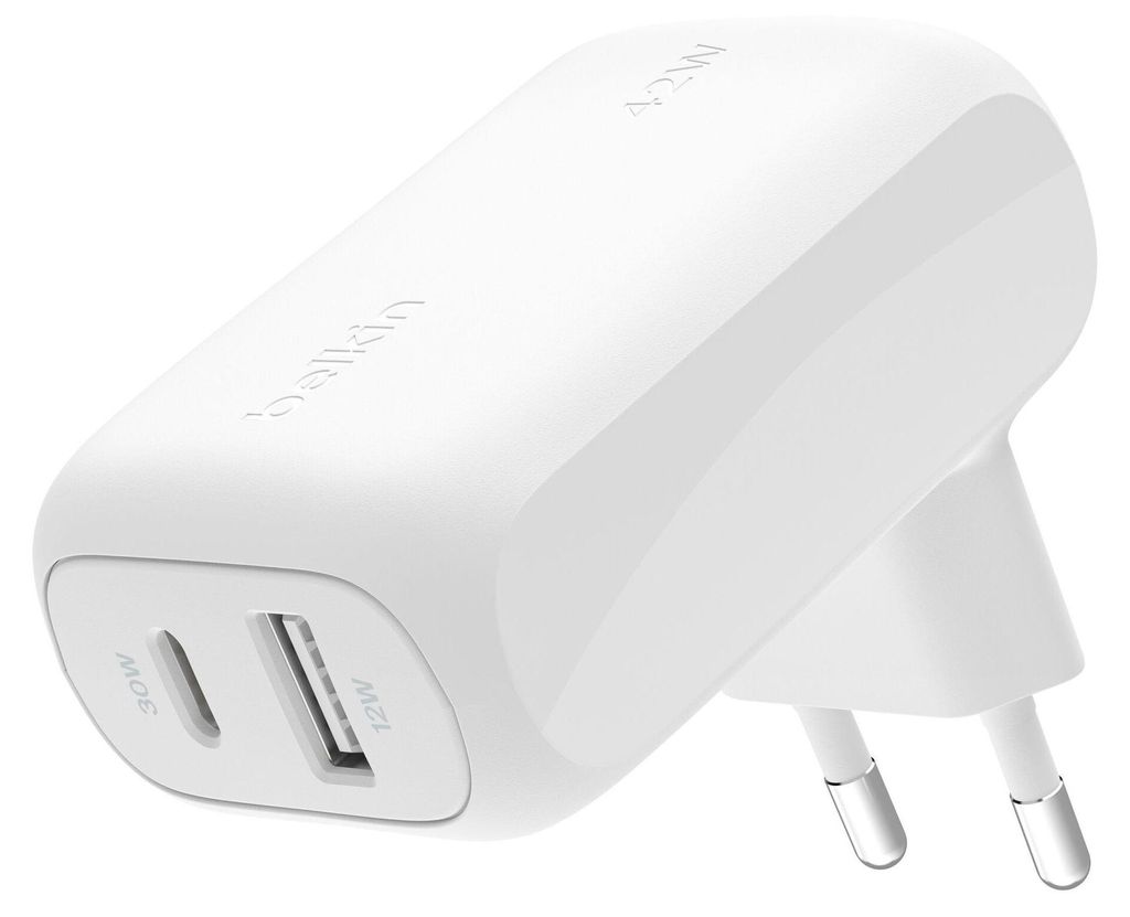 A white Belkin BOOST Charge 42W charger with two ports.