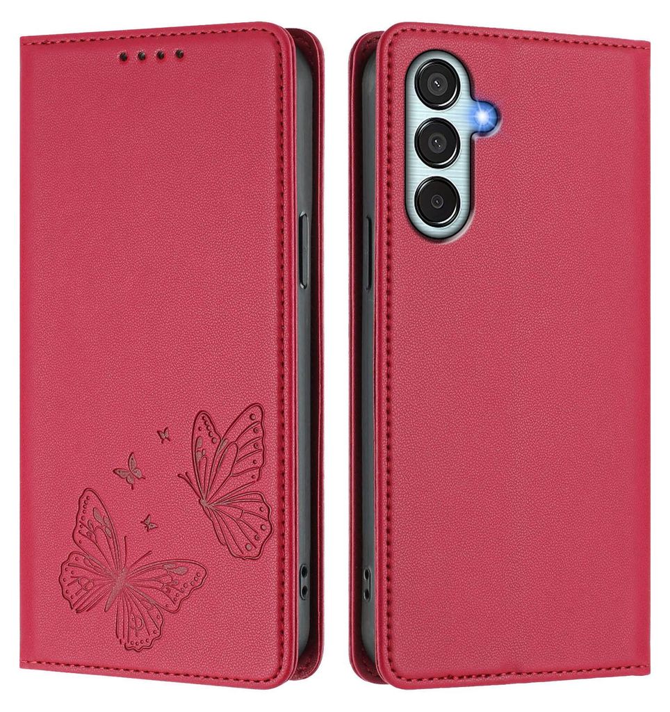 Lederhülle für Samsung Galaxy M35 5G, Schmetterling Prägung Leder Brieftasche Schutzhülle mit Ständer Rot