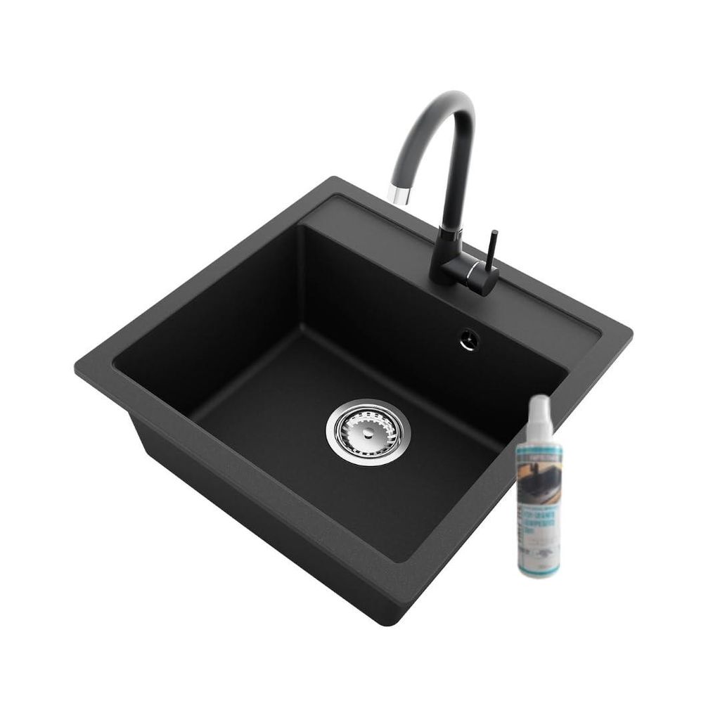 GRANMASTER Horizon Granitspüle mit Wasserhahn 1 Becken mit Siphon, Spüle Arbeitsplatte Küchenspüle mit Wasserhahn, Schwarz Metallic