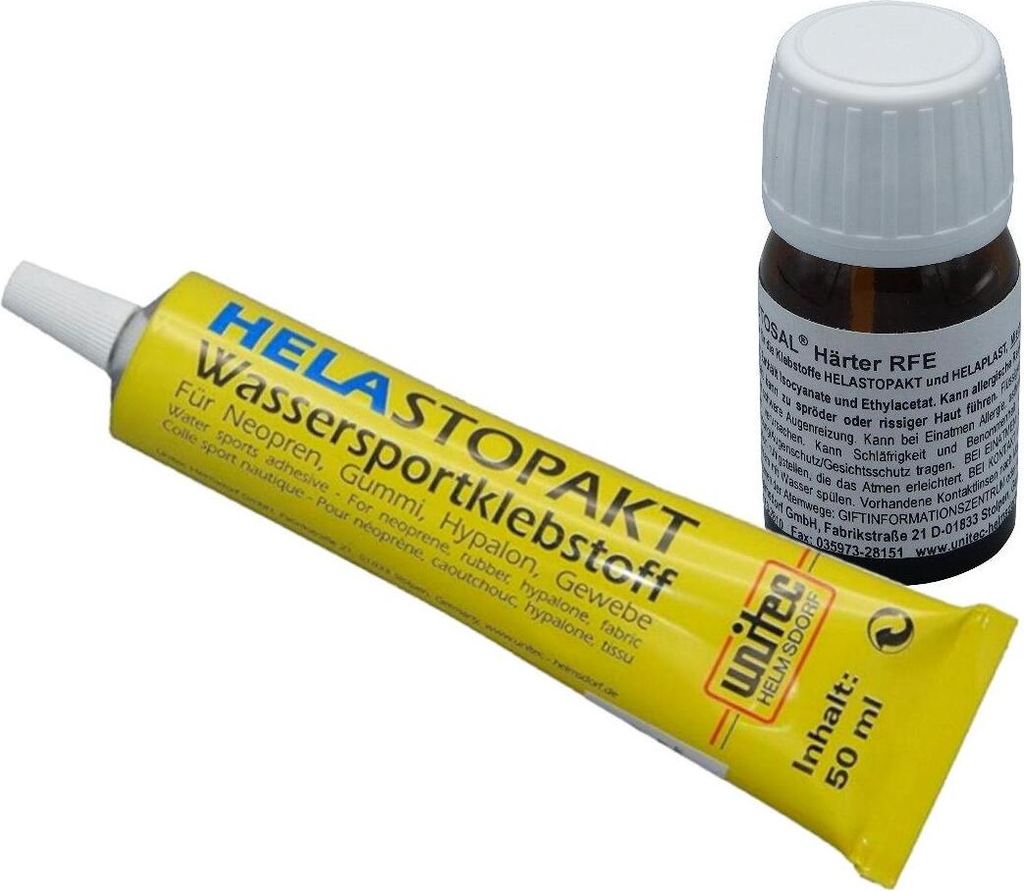 HELASTOPAKT Wassersportklebstoff Tube Deckpad SUP Kleber ELASTOSAL Härter RFE - Menge: 50g + 10g HÄRTER