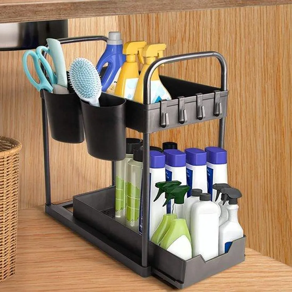 Rangement sous-comptoir avec bacs coulissants et crochets noirs XL