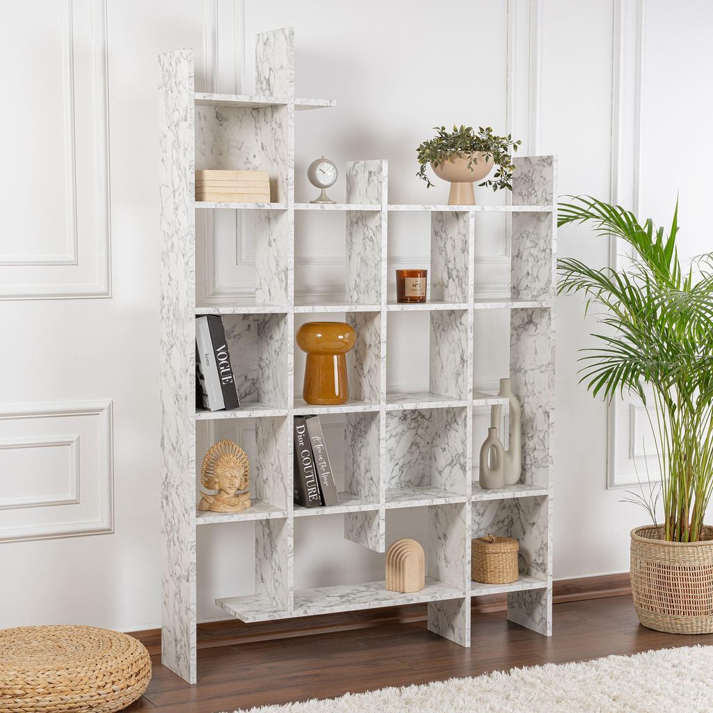 Skye Decor, Manco - Carrara Marble, Bücherregal, 100 % Melaminbeschichtete Spanplatten, Carrara-Marmor, 122 x 25,5 x 188 cm