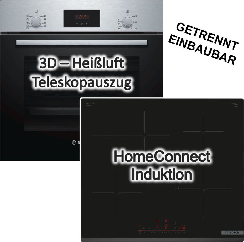 Herdset BOSCH Backofen 3D-Heißluft Teleskopauszug + Induktionskochfeld Booster autark 60cm