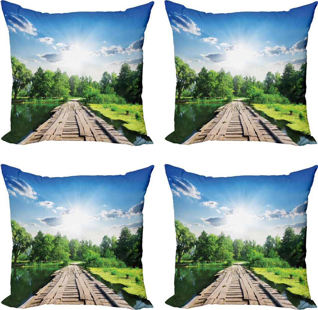 ABAKUHAUS Natur Kissenbezug Set (4 Stück), Hölzerne Brücke über Fluss, Moderner Doppelseitiger Digitaldruck, 60 cm x 60 cm, Blau Grün