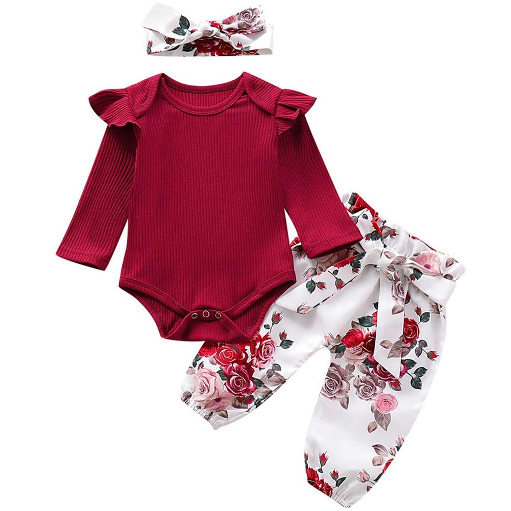 Neugeborene Mädchen Kleidung Strampler Jumpsuit Blumenhose Stirnband Outfit Set 