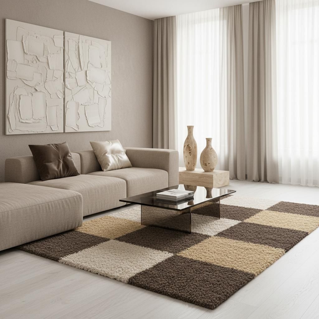 Flauschiger Teppich Karo Samtweich Waschbar Strapazierfähig | Mokka 120x170 cm Flur Gekettelt Schnelltrocknend | RHEIN – Kadima Design