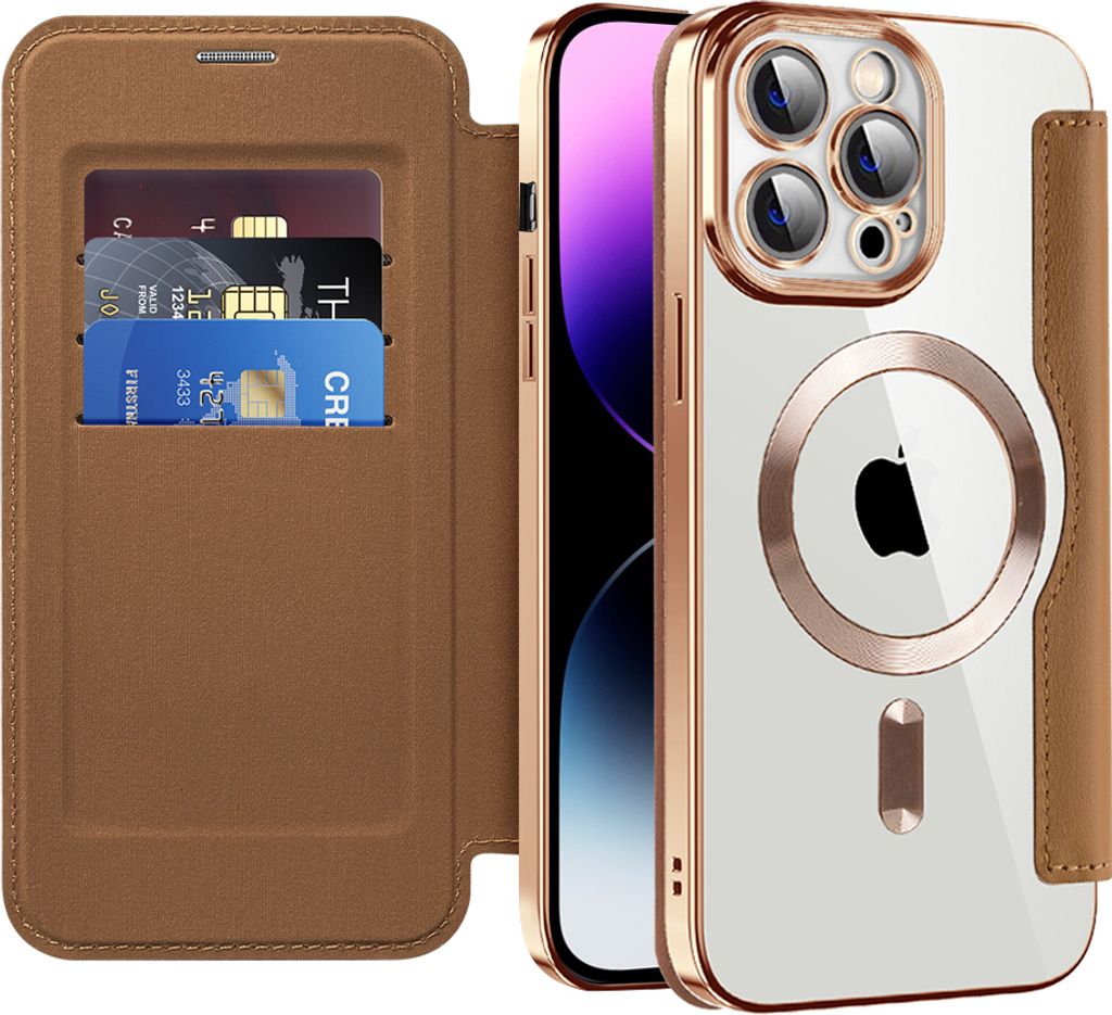 Klapphülle für iPhone 15 Pro Max Kompatibel mit Magsafe, Klar Überzug Kartenhalter Ledertasche mit Kameraschutz Braun