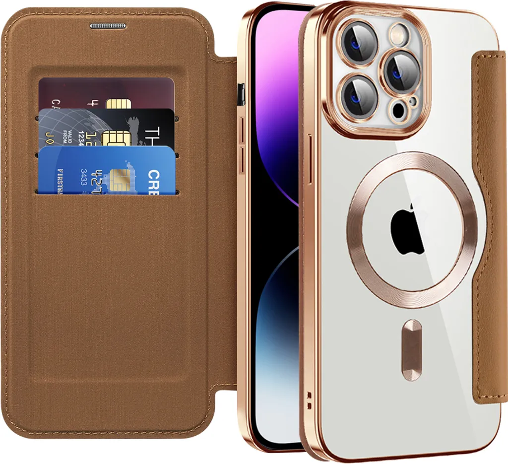 Custodia iPhone 15 Pro Luxury Marrone MagSafe Portacarte e Protettore Lenti