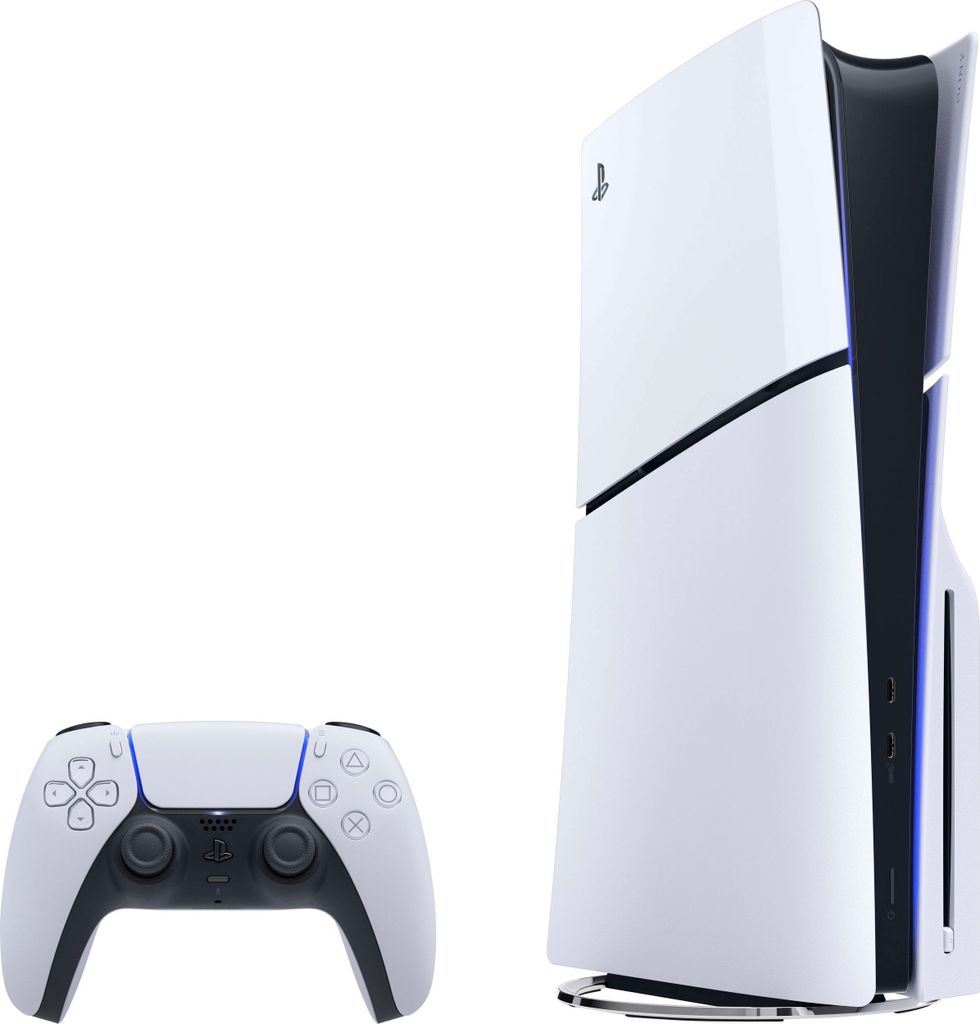 A white Sony PlayStation 5 console and controller are shown against a white background.