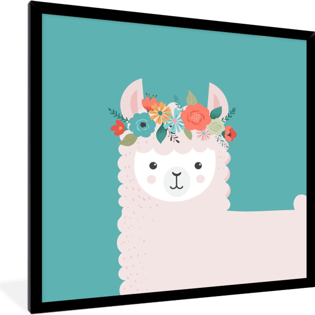 MuchoWow Gerahmtes Poster Lama - Blumen - Kinder 40x40 cm - Poster mit Schwarzem Bilderrahmen Wandposter Rahmen Foto Bilder - Mit Rahmen - Wandde...
