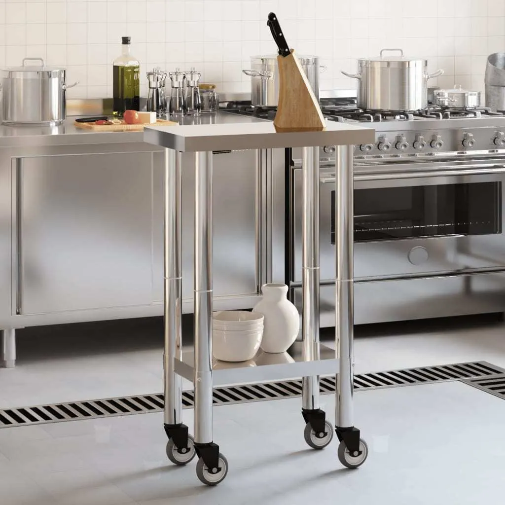Table de travail compacte en acier inoxydable avec étagère et roues - 3