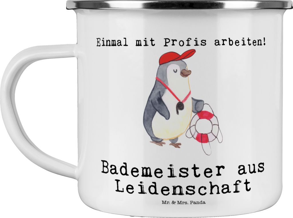 Mr. & Mrs. Panda Pott Bademeister Leidenschaft - Weiß - Geschenk, Teetasse, Freibad, Spruch, Emaille Becher, Campingbecher, Schwimmbad, Haferl, Tasse