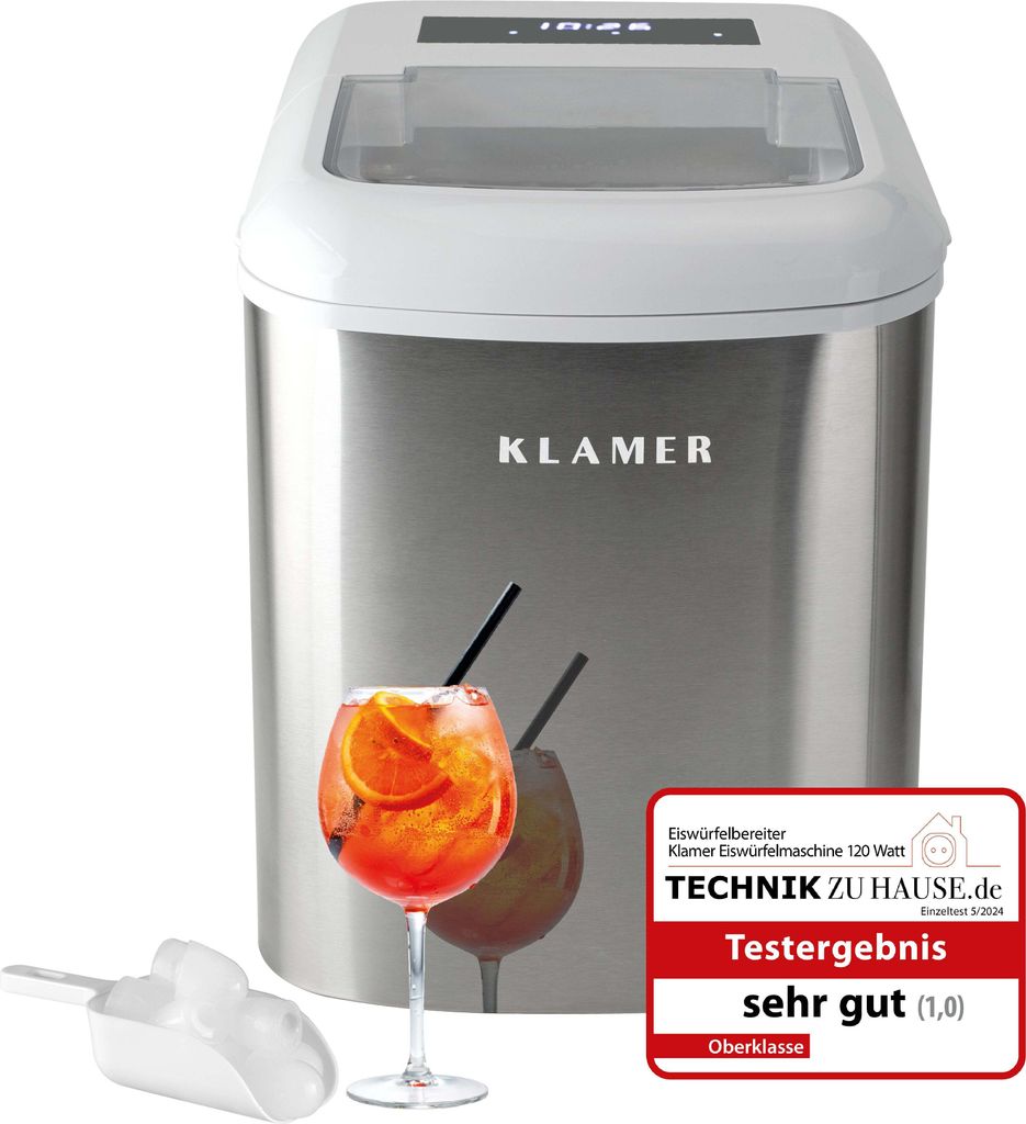 KLAMER Eiswürfelmaschine, 10 Eiswürfel in 7-9 Minuten, 15 kg Eiswürfel pro Tag, 2 Eiswürfelgrößen, 2,1 L Wassertank, 120 W Ice Maker mit Time...