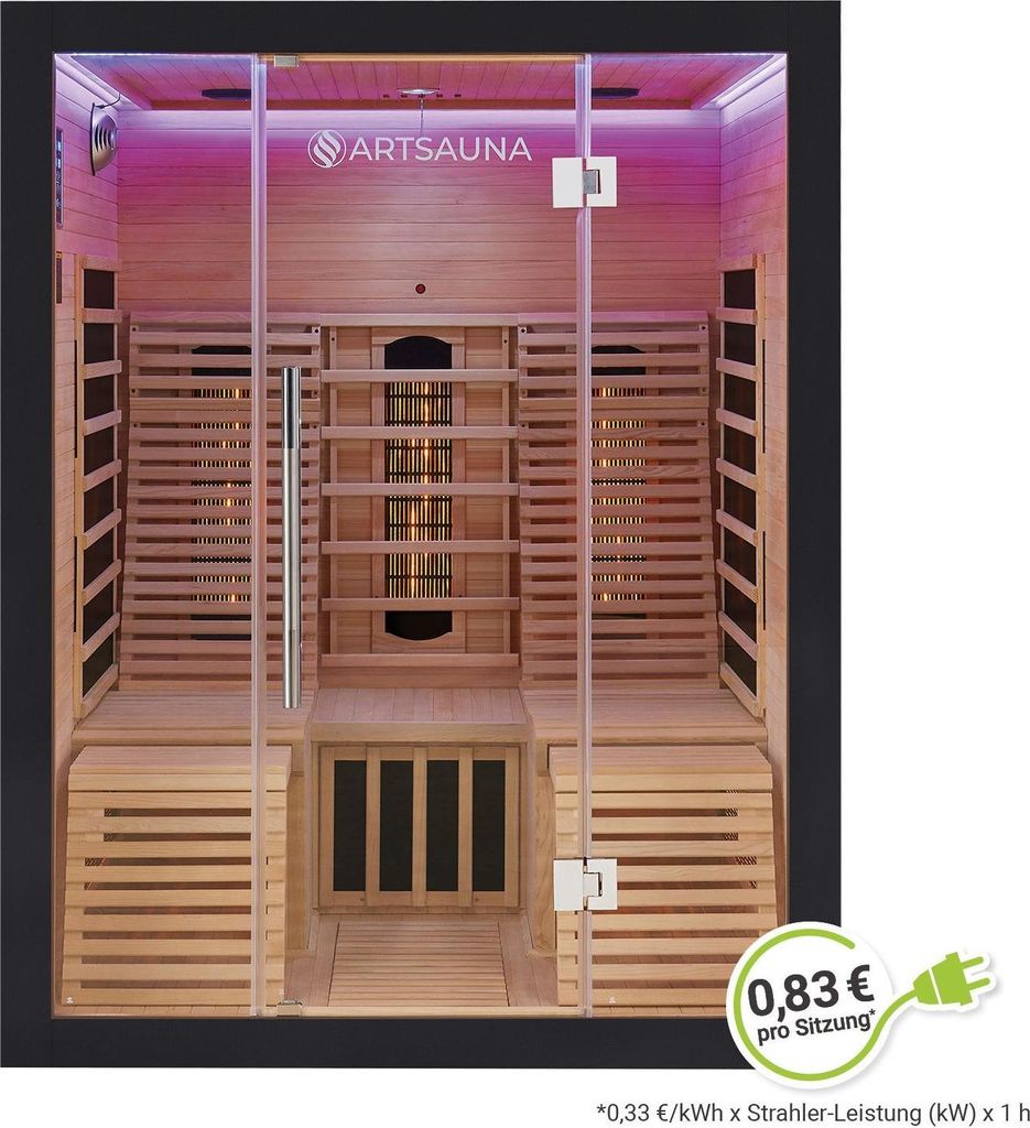 Artsauna Infrarotkabine Helsinki 150 Dual Technologie, LED - Infrarotsauna 150x150 cm - 1 Bank, 2 Liegen für 3 Personen - Wärmekabine Schwarz Black
