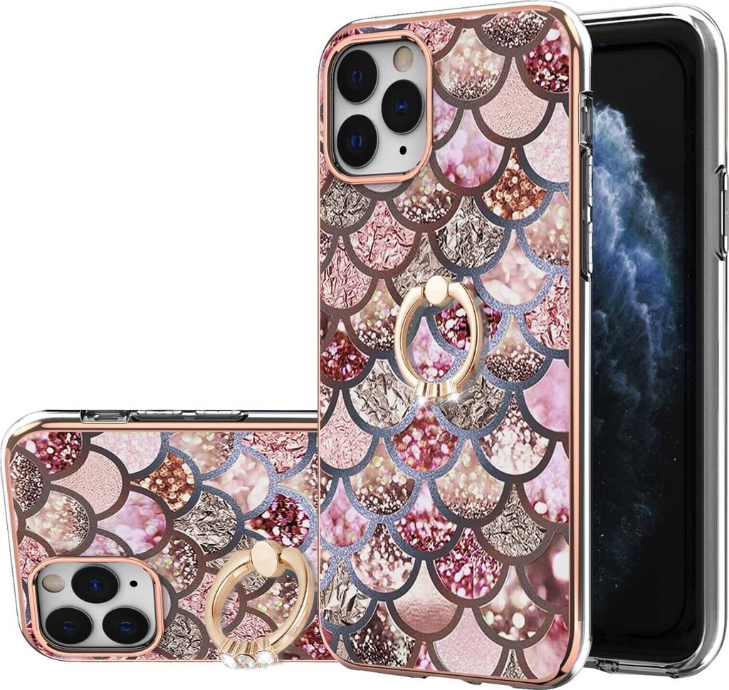 Hülle für iPhone 11 Pro Max Muster TPU Silikon Stoßdämpfer Bumper Schutzhülle mit Ring Ständer Kaffee