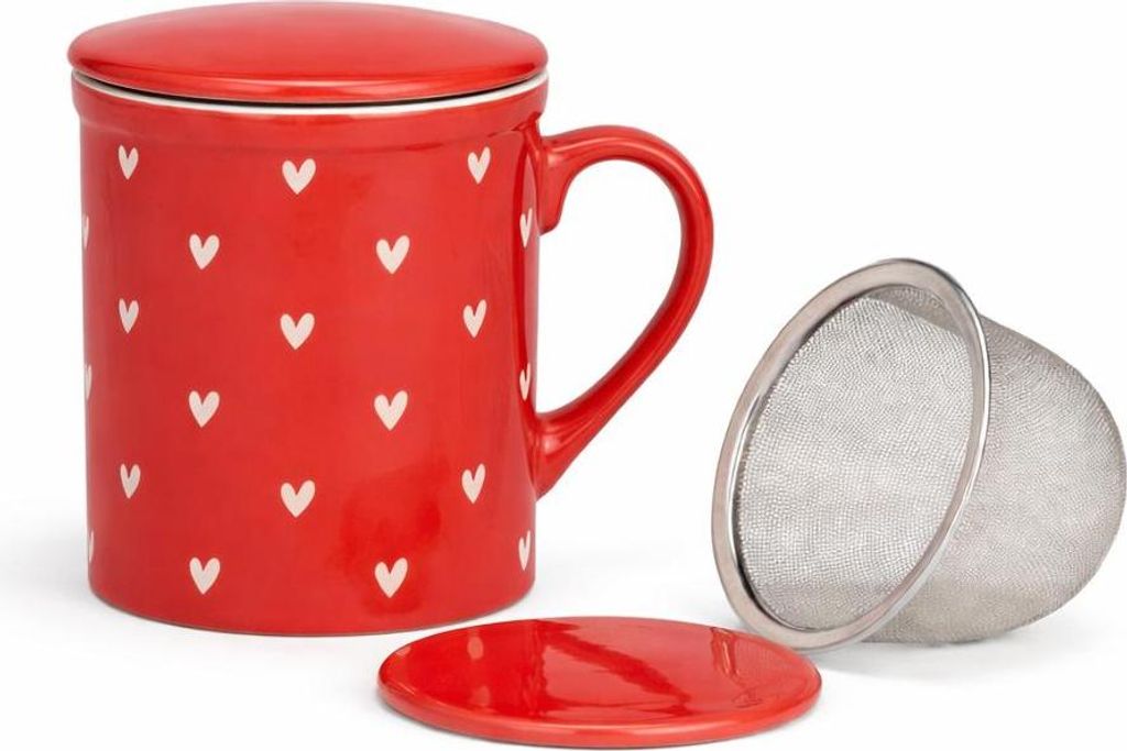 Teebecher mit Herz-Dekor und Metallsieb – Keramik Rot Teetassse