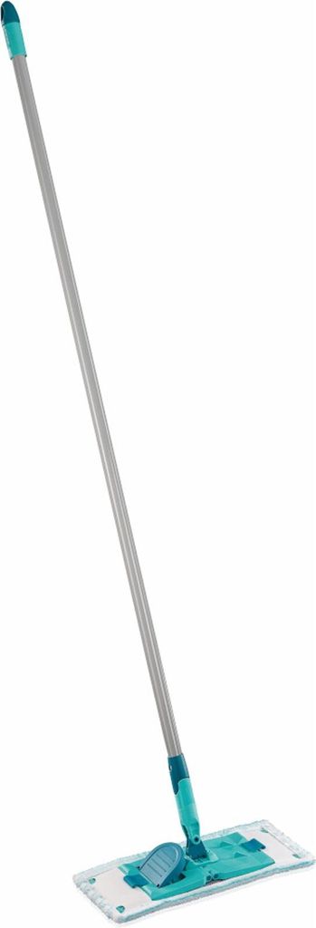 A Leifheit floor wiper with a silver handle and a teal and white mop head, shown against a white background.