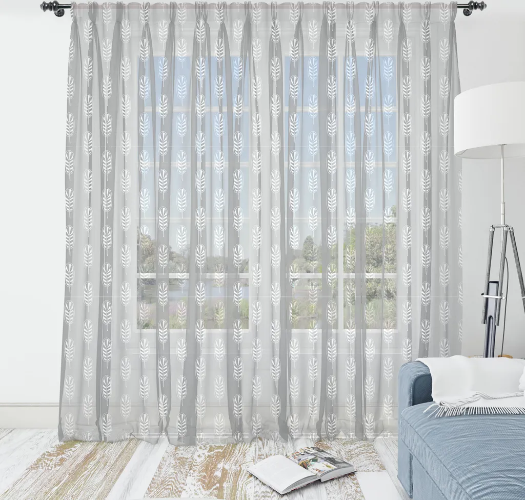 ABAKUHAUS Arazzo astratto, generato digitalmente Silhouette di piume o foglie con strisce in scala di grigi, soggiorno camera da letto tessuto da parete in raso setoso, 274 cm x 274 cm, bianco grigio chiaro